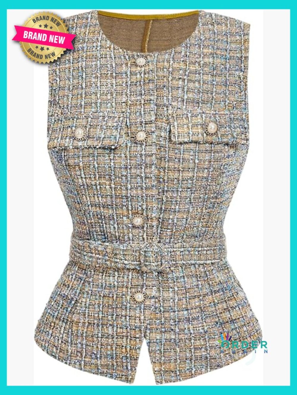Tweed Plaid Blazer Vest Pearl Beaded Button Down Sleeveless Belted Business